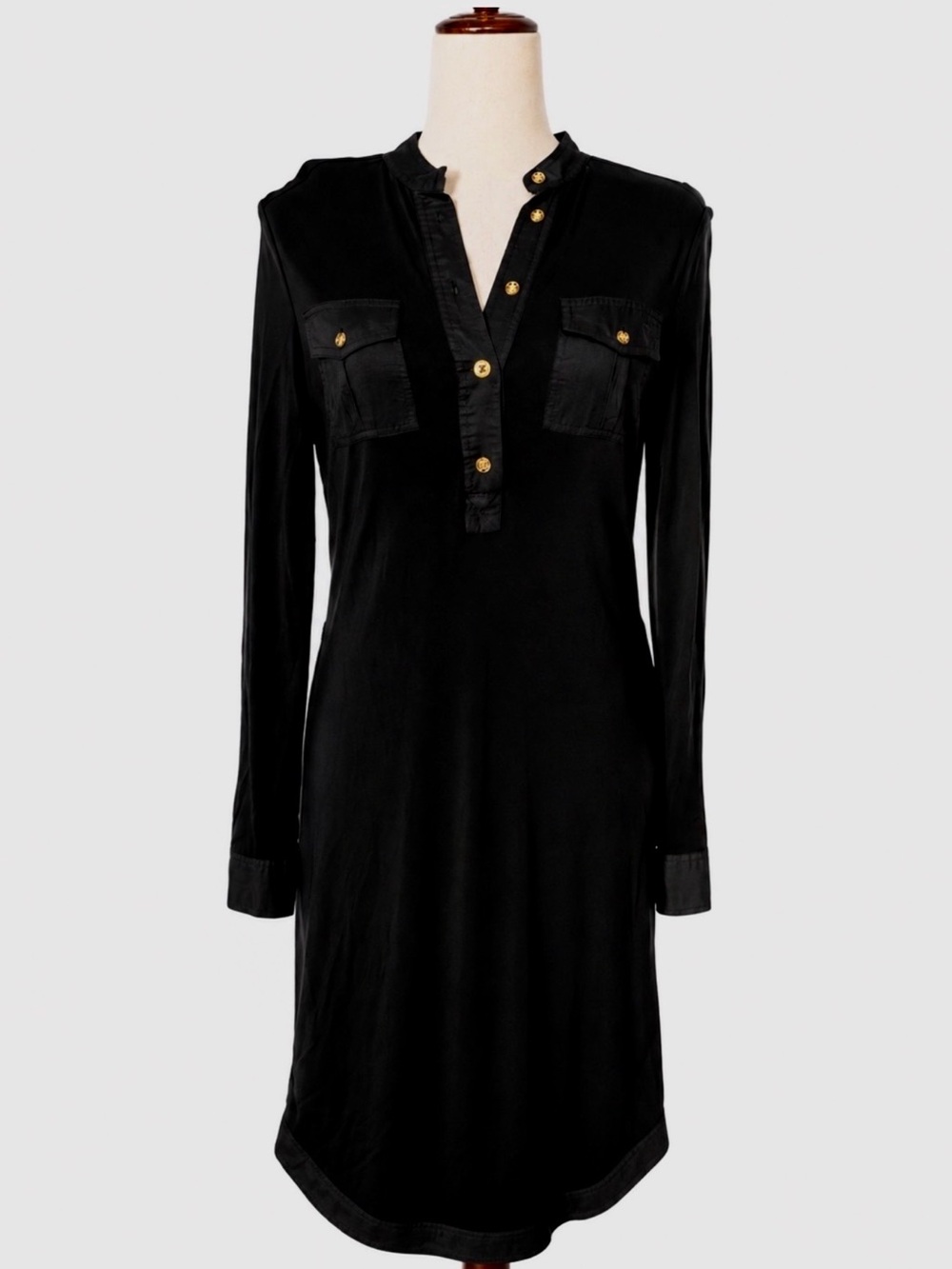 Tory Burch midi black dress w logo gold buttons. Long sleeve, Quiet Luxury. S - Picture 2 of 6